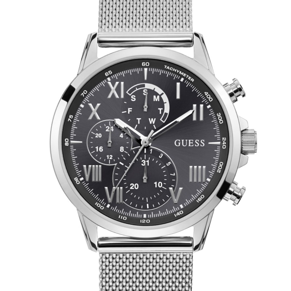 Silver-Tone And Grey Mesh Multifunctional Watch